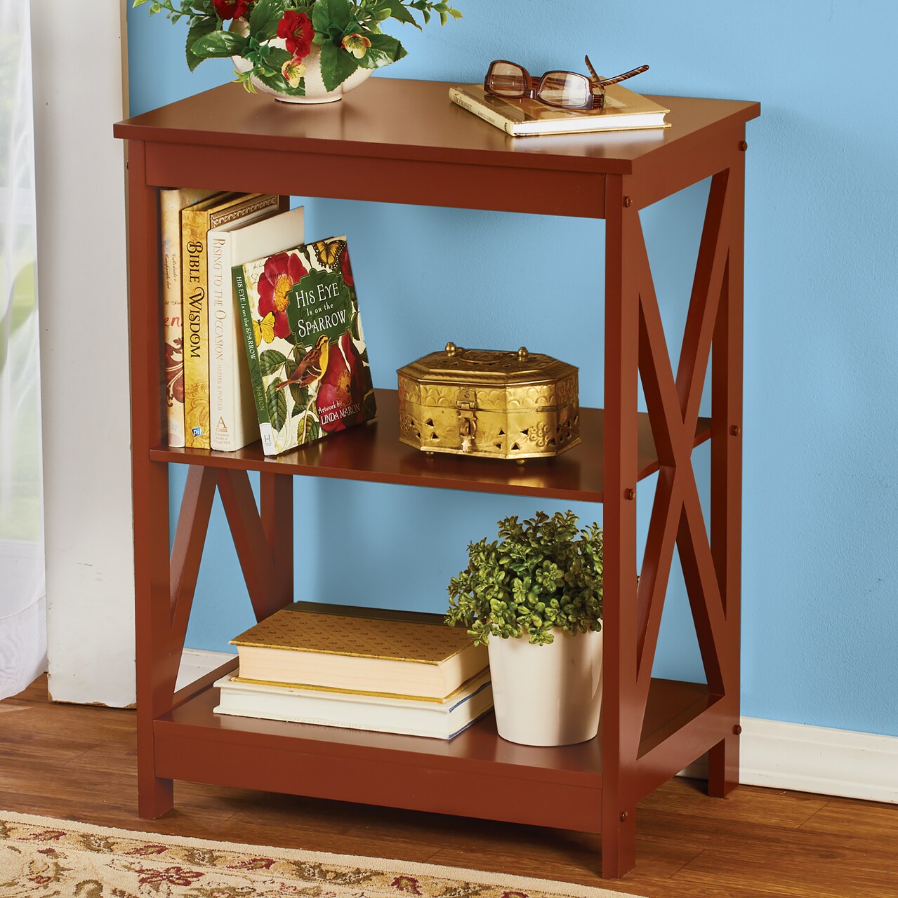 Collections Etc Rich Walnut Wood Side Table with 2 Storage Shelves